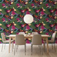 Dark green floral wallpaper for a dining room with peacock motif