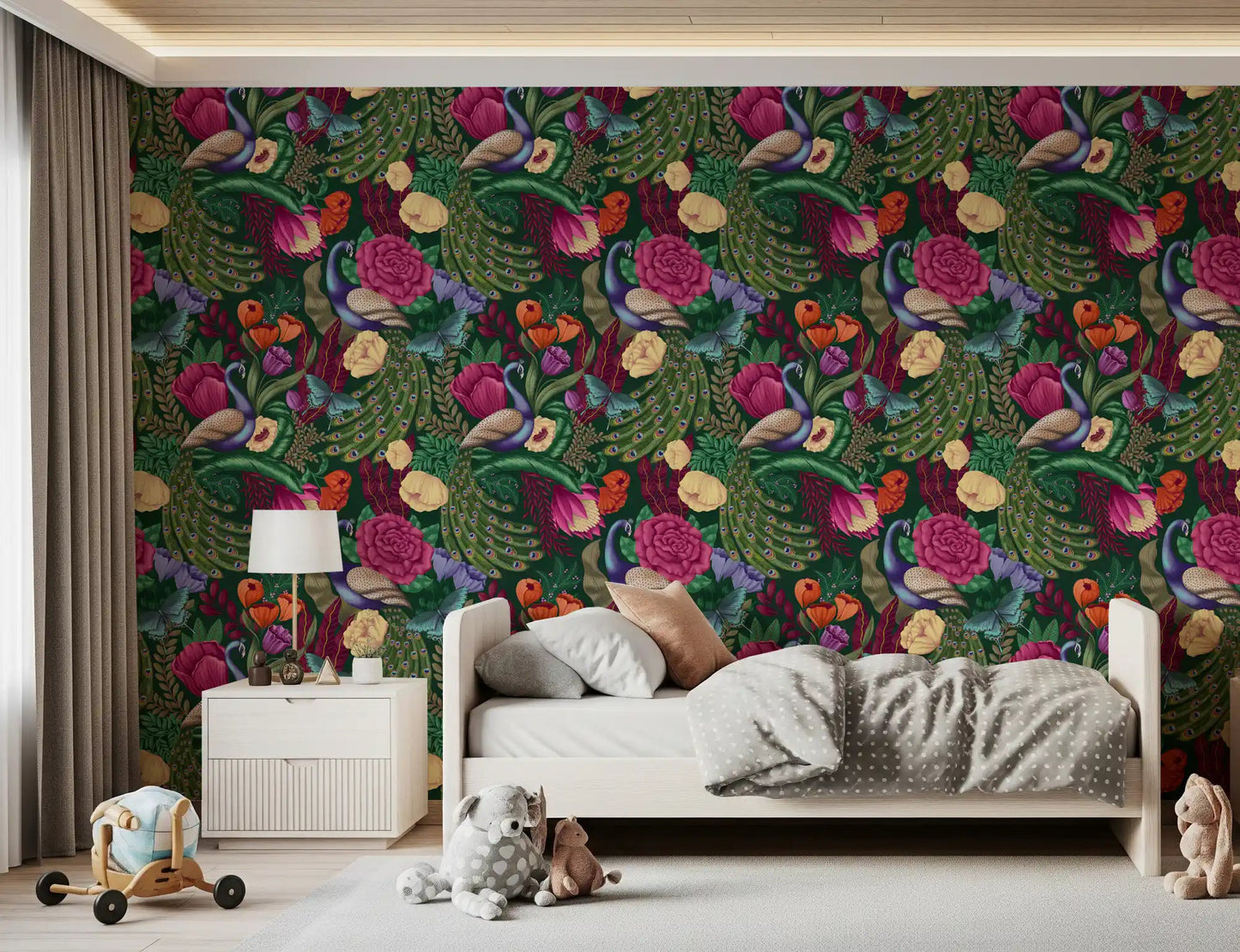 Maximalist floral wallpaper with colorful peacock and foliage
