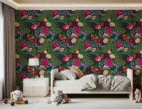 Maximalist floral wallpaper with colorful peacock and foliage
