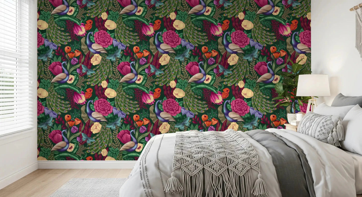 Maximalist peacock wallpaper for a bedroom with botanical pattern