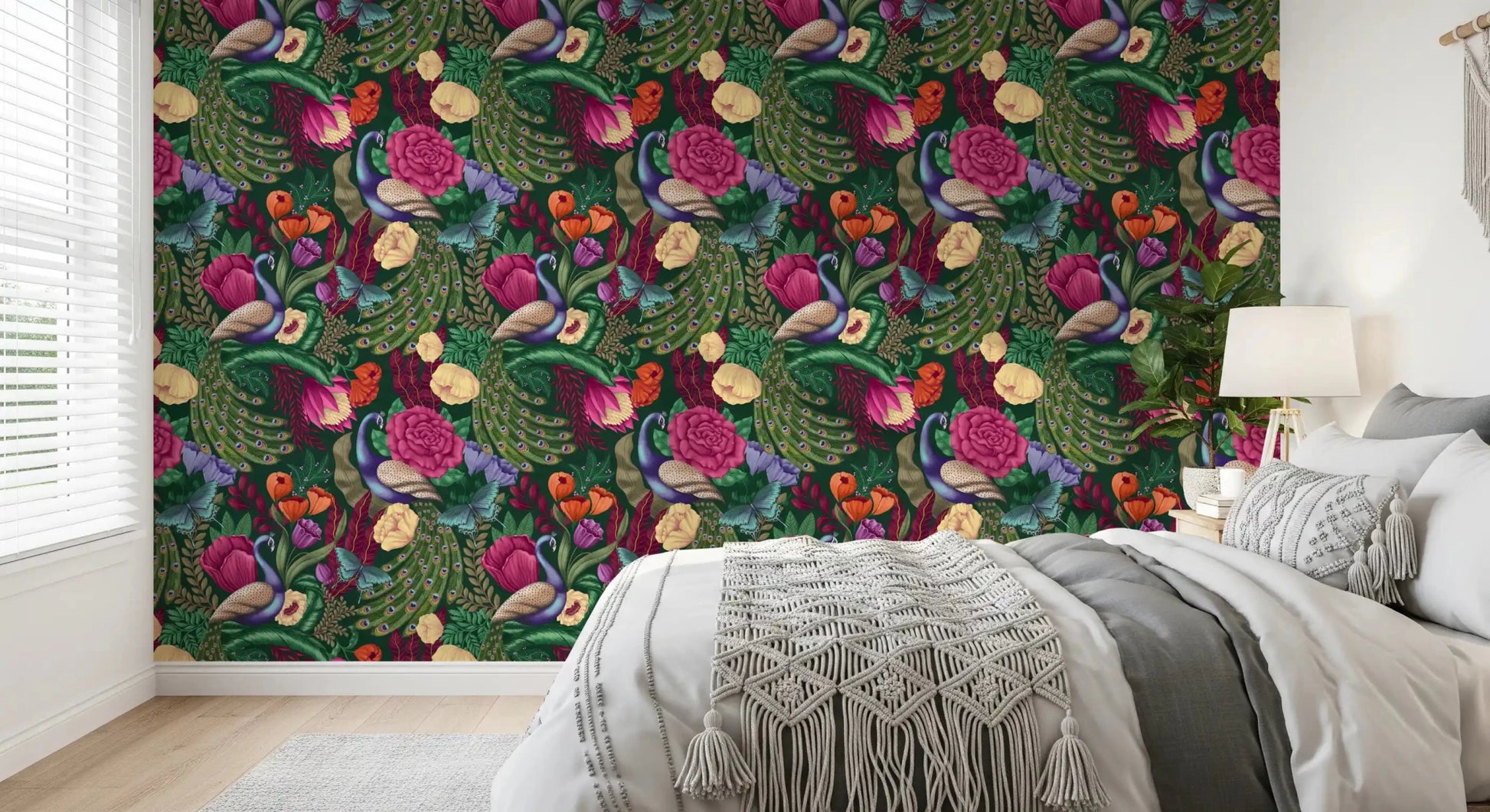 Maximalist peacock wallpaper for a bedroom with botanical pattern