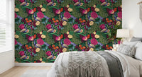 Maximalist peacock wallpaper for a bedroom with botanical pattern