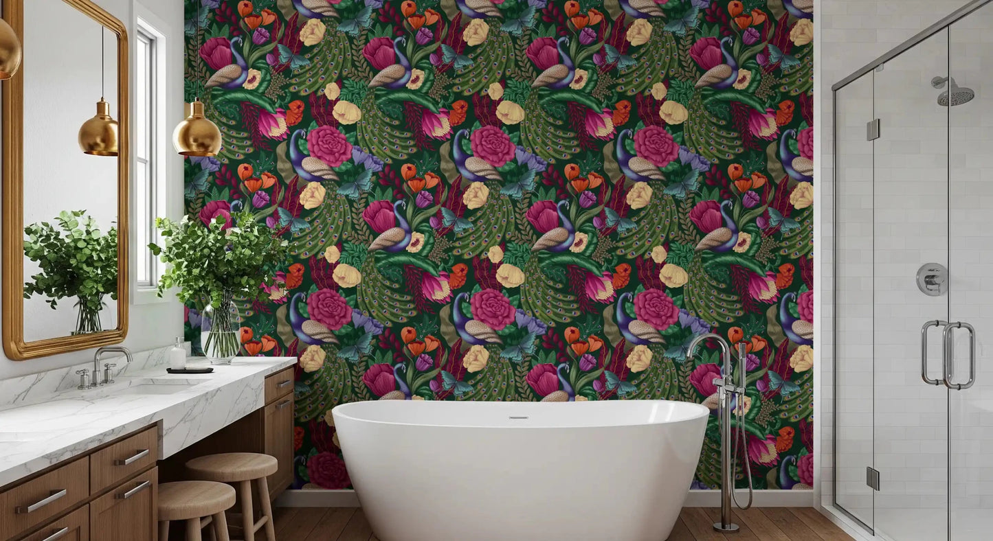 Botanical peacock wallpaper with layered flowers and feathers