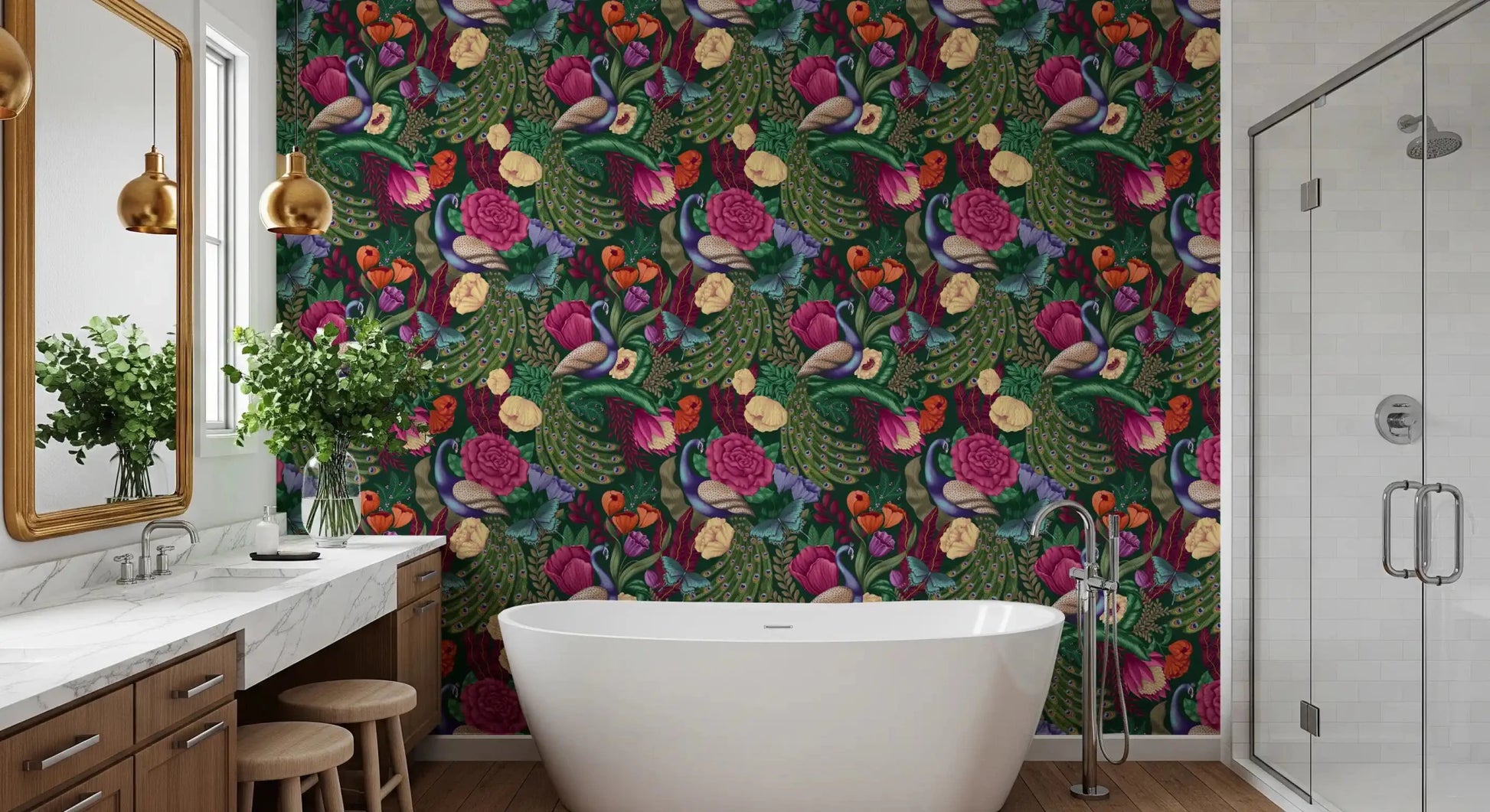 Botanical peacock wallpaper with layered flowers and feathers