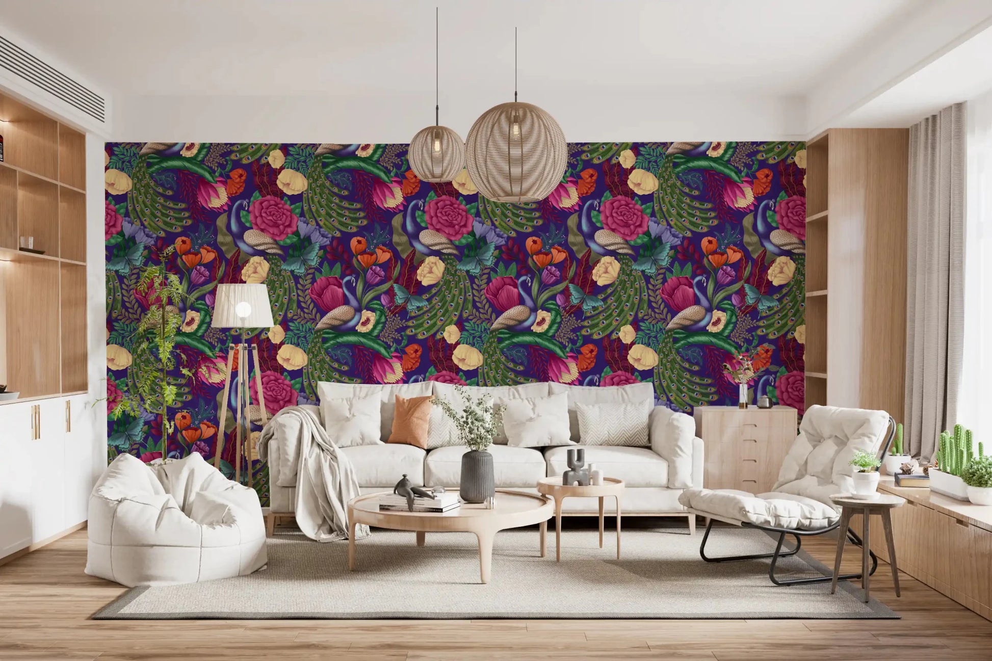 Peacock garden wallpaper in a hallway with florals and feather details