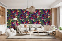 Peacock garden wallpaper in a hallway with florals and feather details