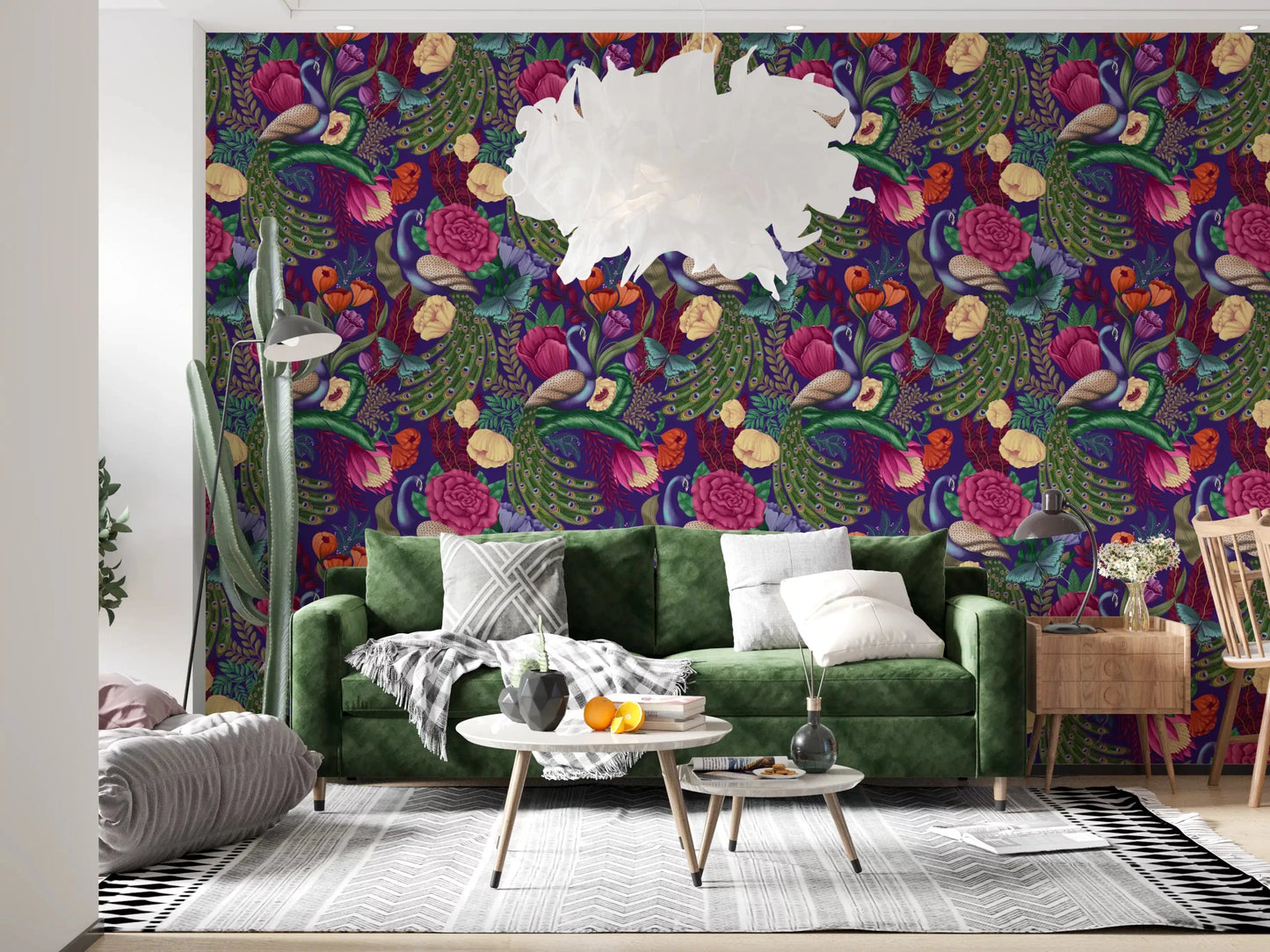 Dark purple wallpaper with peacock feathers and vivid floral accents