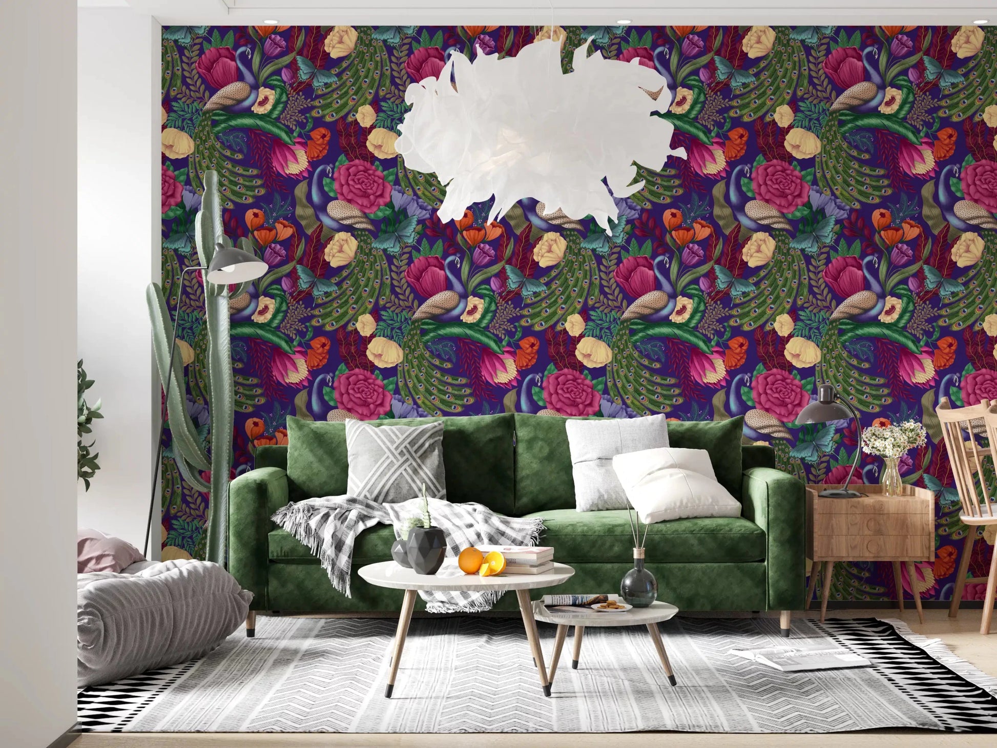 Dark purple wallpaper with peacock feathers and vivid floral accents