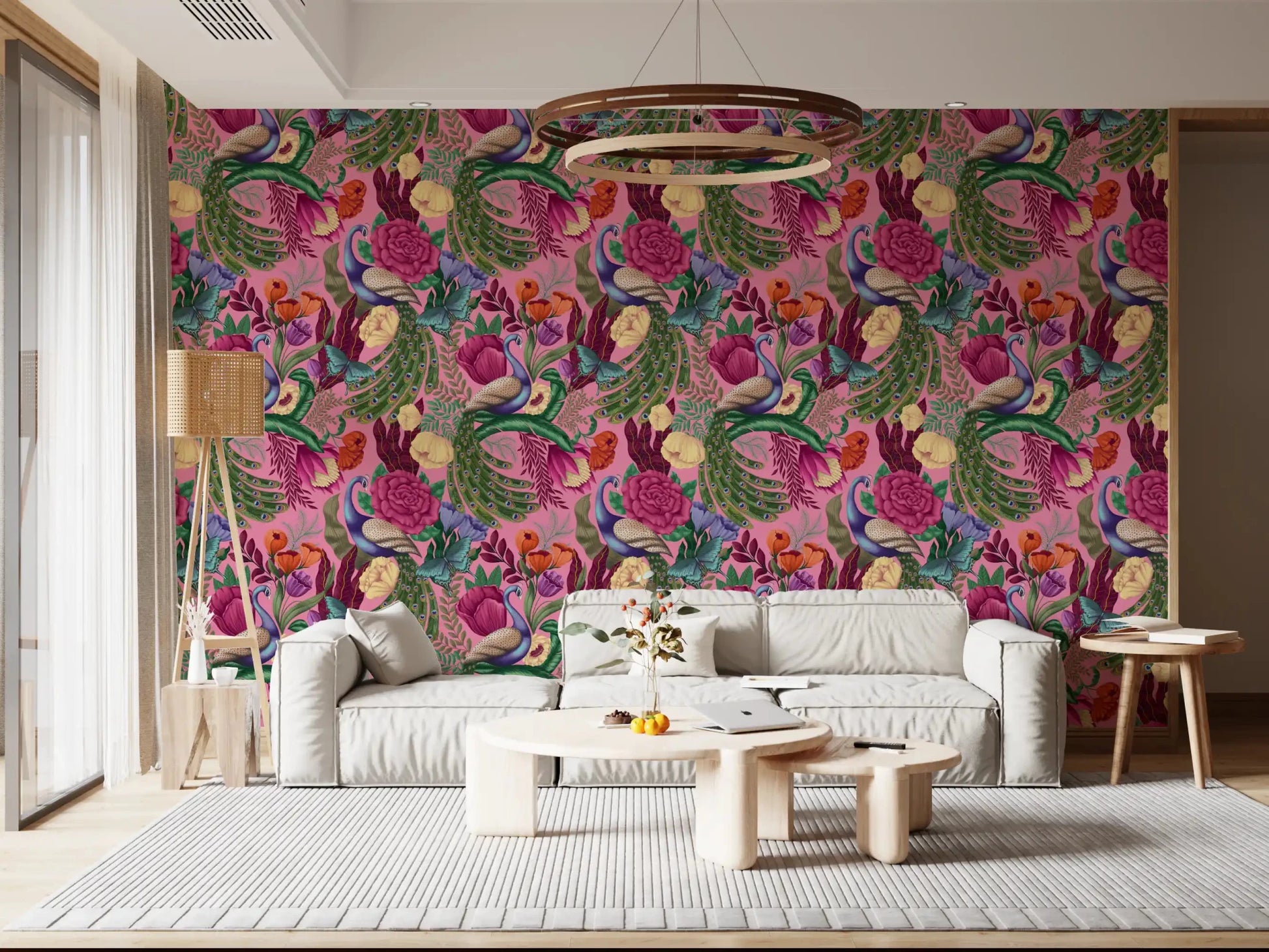 Fantasy garden wallpaper with butterflies and peacocks on pink