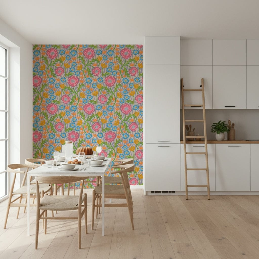 Retro Pink Orange Blue Green wall mural, bold colors, whimsical stems.