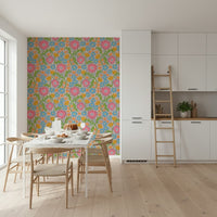 Retro Pink Orange Blue Green wall mural, bold colors, whimsical stems.