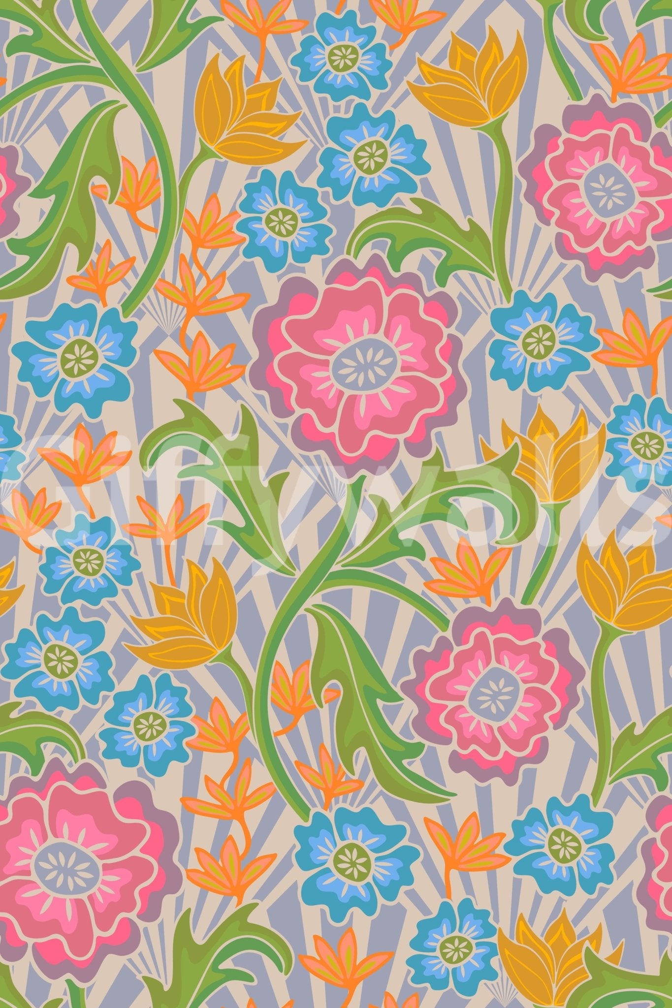 Bold Retro Pink Orange Blue Green, funky 70s vibe, busy wallpaper.