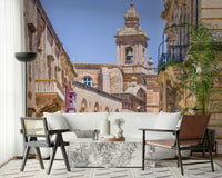 Reading corner mural with historic stone alley, warm neutral palette
