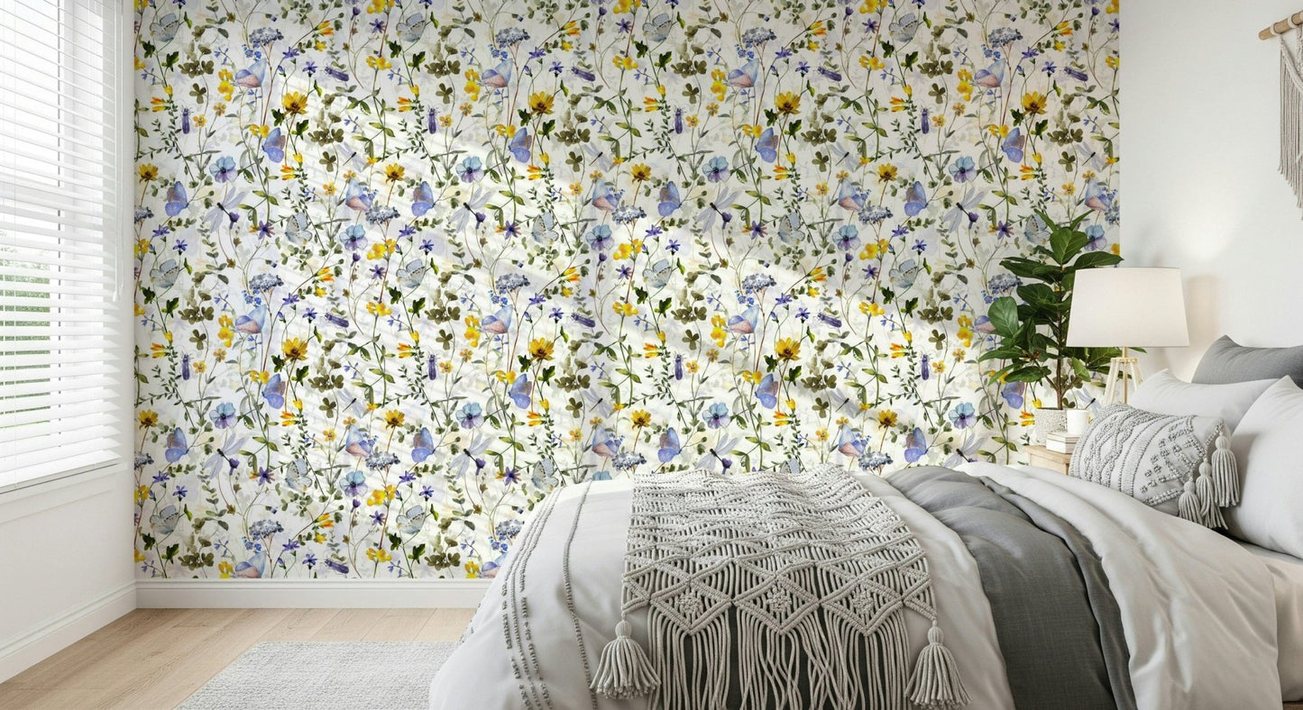 Springtime Meadow Butterfly Whispers Garden, whimsical peel and stick wallpaper.