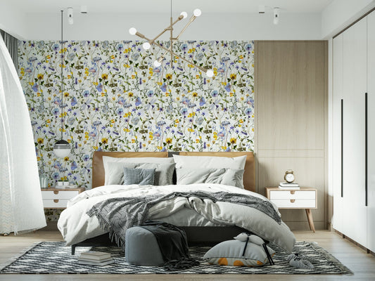 Meadow Butterfly Whispers Garden wall mural, blue purple yellow watercolor flowers.