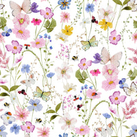 Vivid Meadow Whispers pattern, blooming spring wildflowers and many happy bees.