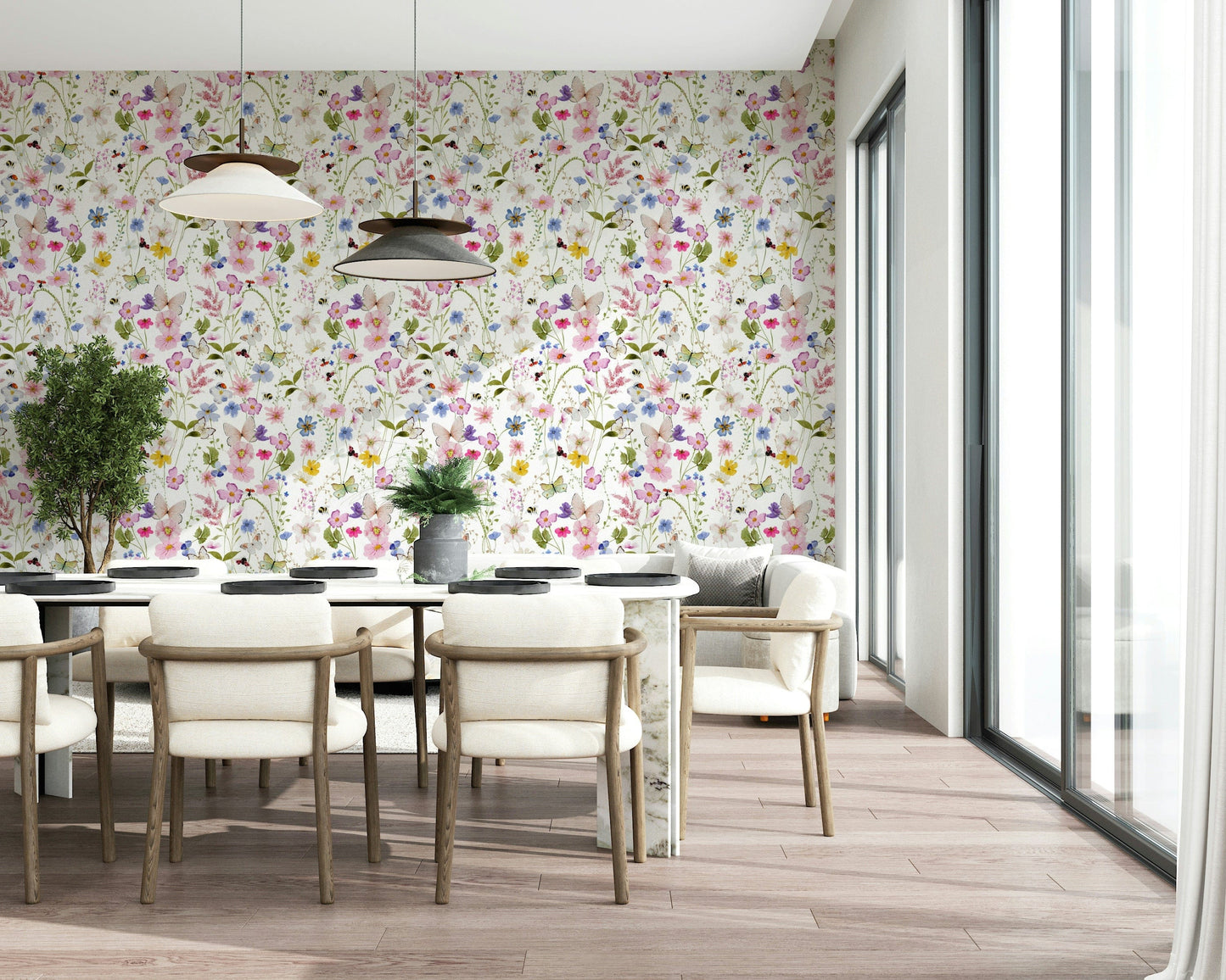 Cheerful Meadow Whispers mural, scattered meadow flowers, lively bug accents.