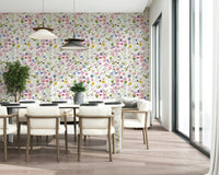 Cheerful Meadow Whispers mural, scattered meadow flowers, lively bug accents.