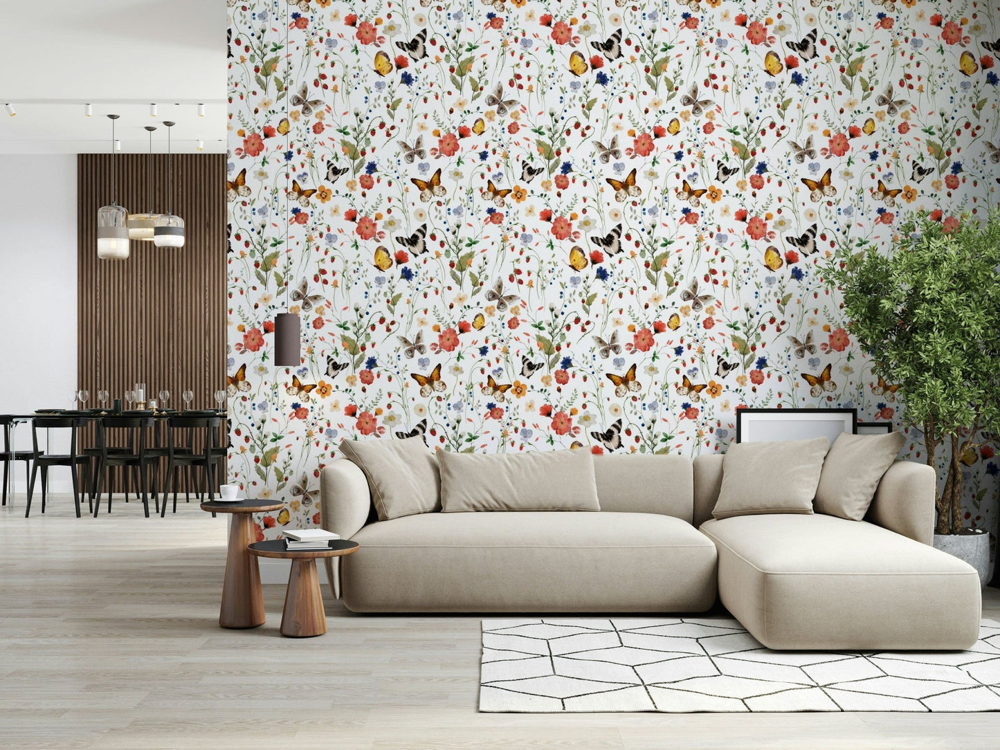 Bright Meadow Magic botanical wall mural of meadow flowers.
