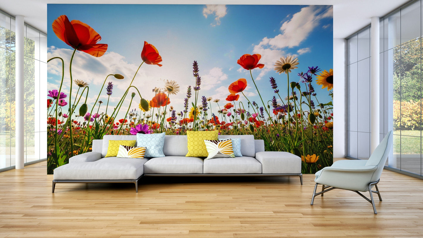 Wall mural with whimsical shapes and colors

