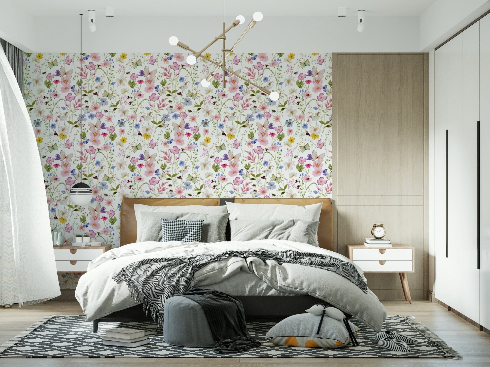 Enchanting Meadow Whispers print, soft wildflowers, delightful wildlife on mural.