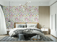 Enchanting Meadow Whispers print, soft wildflowers, delightful wildlife on mural.