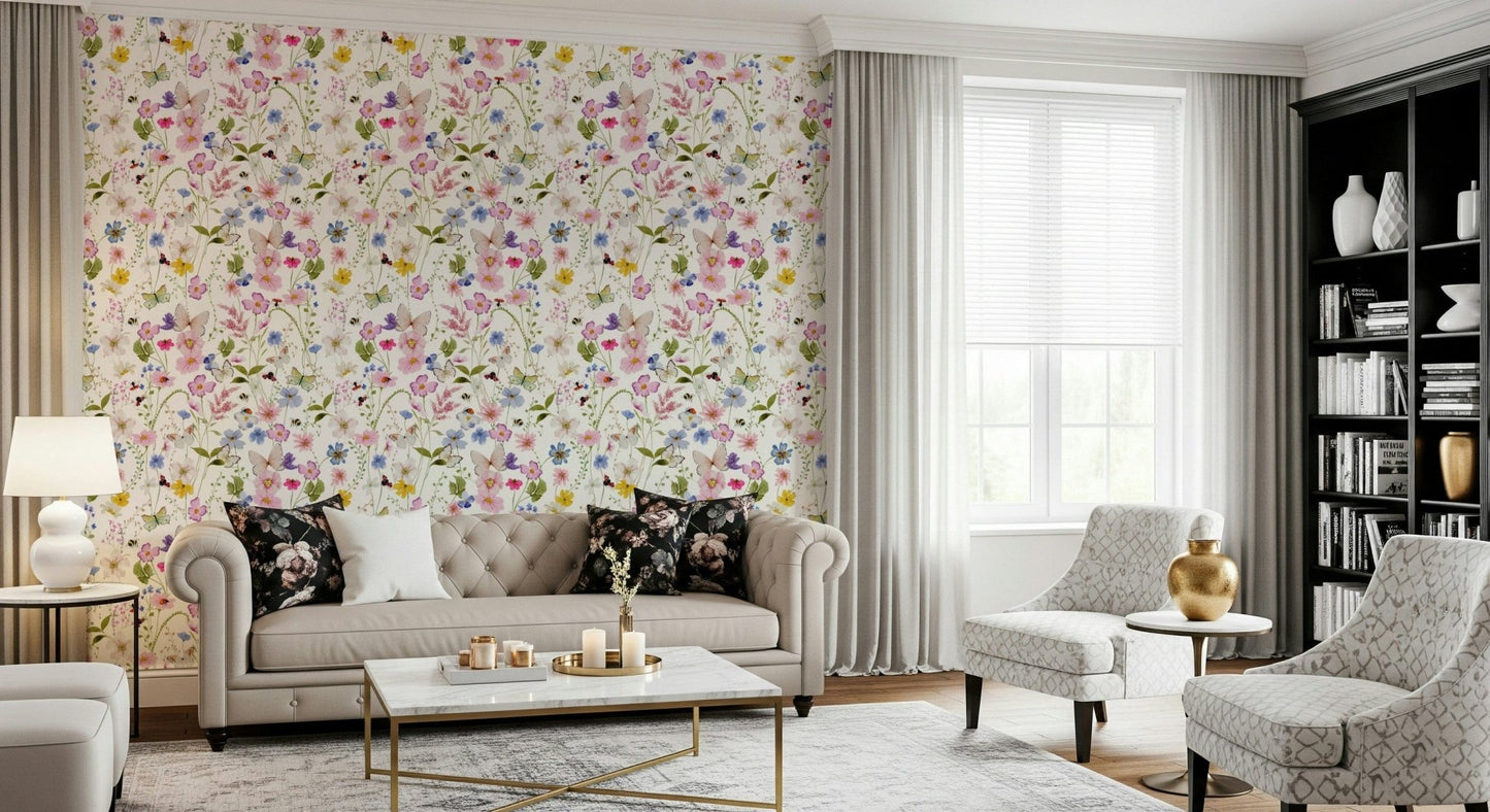 Pastel garden Meadow Whispers wallpaper, gentle pink, purple, and blue blossoms.