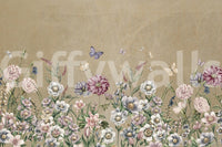 Meadow landscape mural for feature wall, airy florals and grasses in neutral modern style