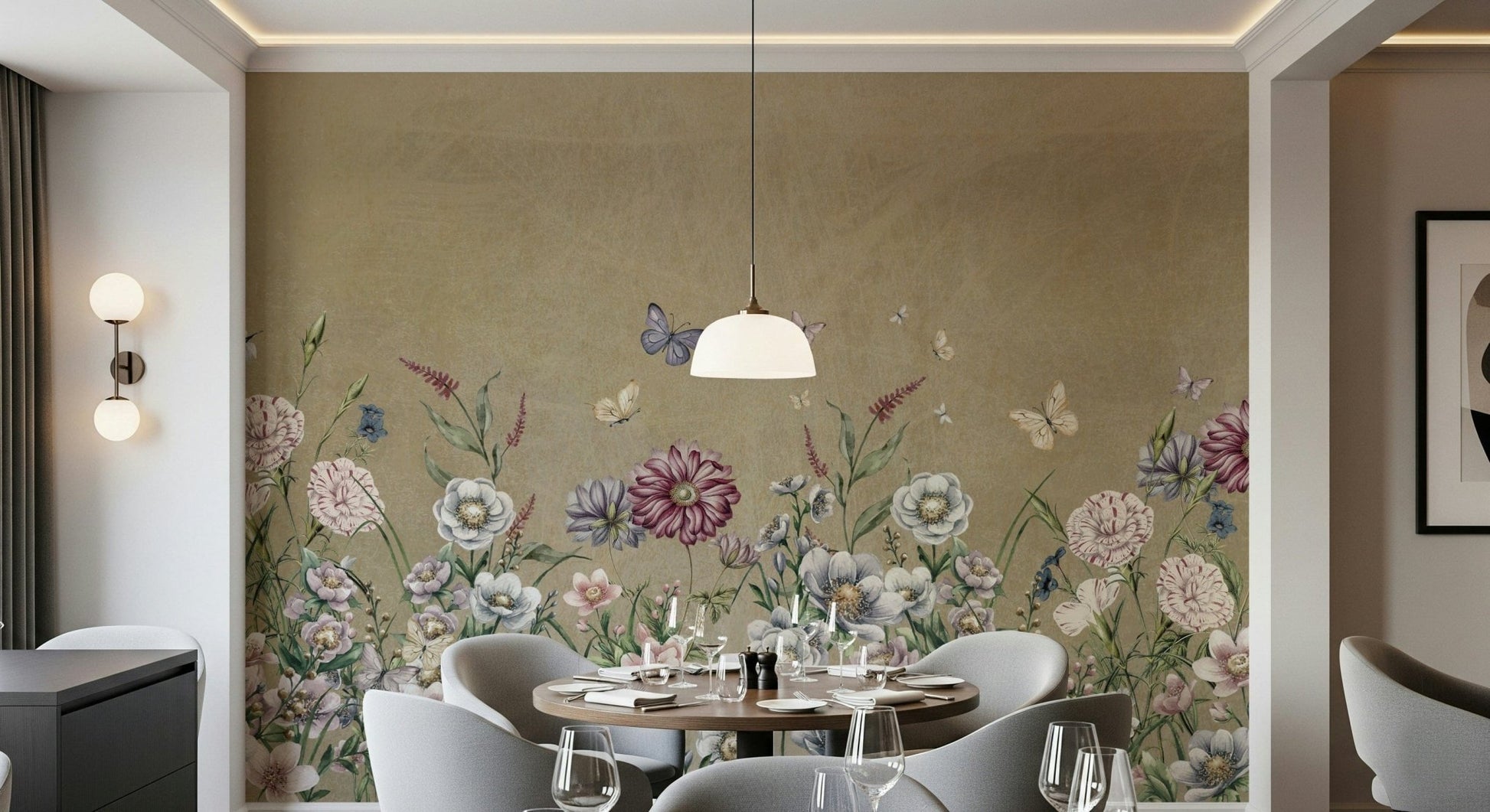 Watercolor meadow wallpaper in home office, calm pastel greens with simple desk setup