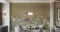 Watercolor meadow wallpaper in home office, calm pastel greens with simple desk setup