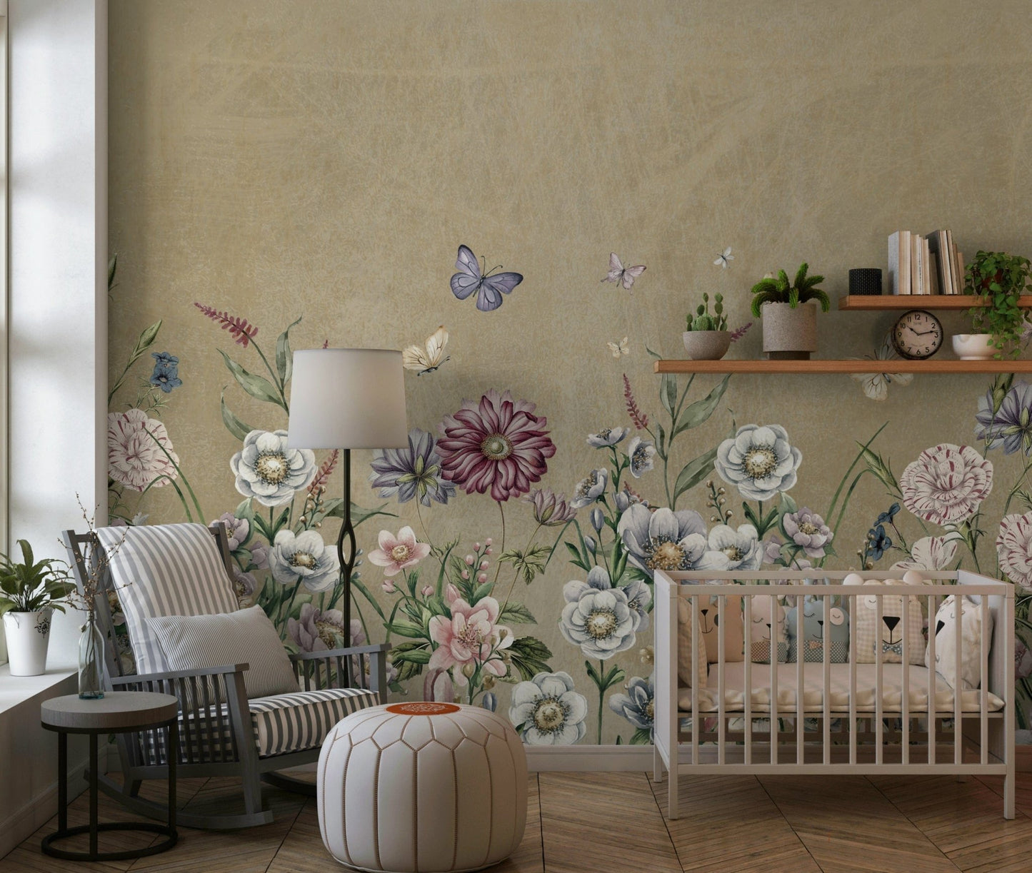 Meadow's Whisper Wall Mural on bedroom feature wall with neutral bedding and light wood furniture