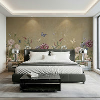 Wild meadow wall mural in modern reading nook with armchair and warm lighting