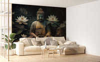 Meditative Buddha and Lotus Flowers wallpaper mural with glowing lotus behind a cream sectional sofa and monstera plant in a living room