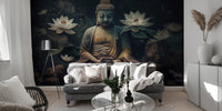 Meditative Buddha and Lotus Flowers wallpaper mural in dark moody tones behind a grey sofa with a tripod floor lamp in a living room