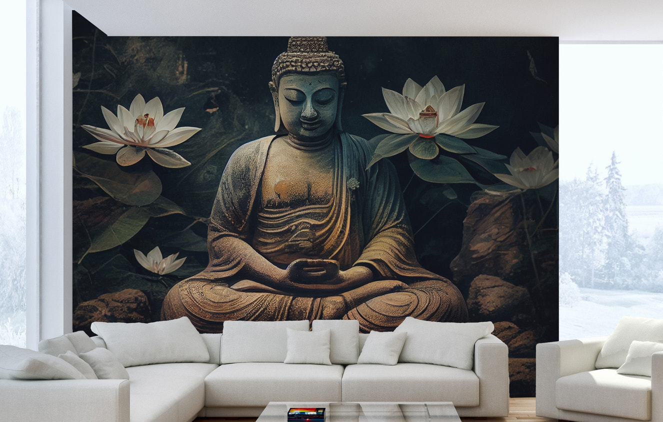 Meditative Buddha and Lotus Flowers Mural - Giffywalls