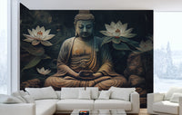 Meditative Buddha and Lotus Flowers wallpaper mural with white lotus on a dark background behind a large white sectional sofa in a living room