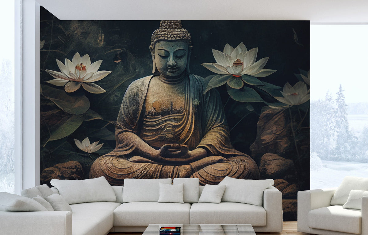 Meditative Buddha and Lotus Flowers wallpaper mural with white lotus on a dark background behind a large white sectional sofa in a living room