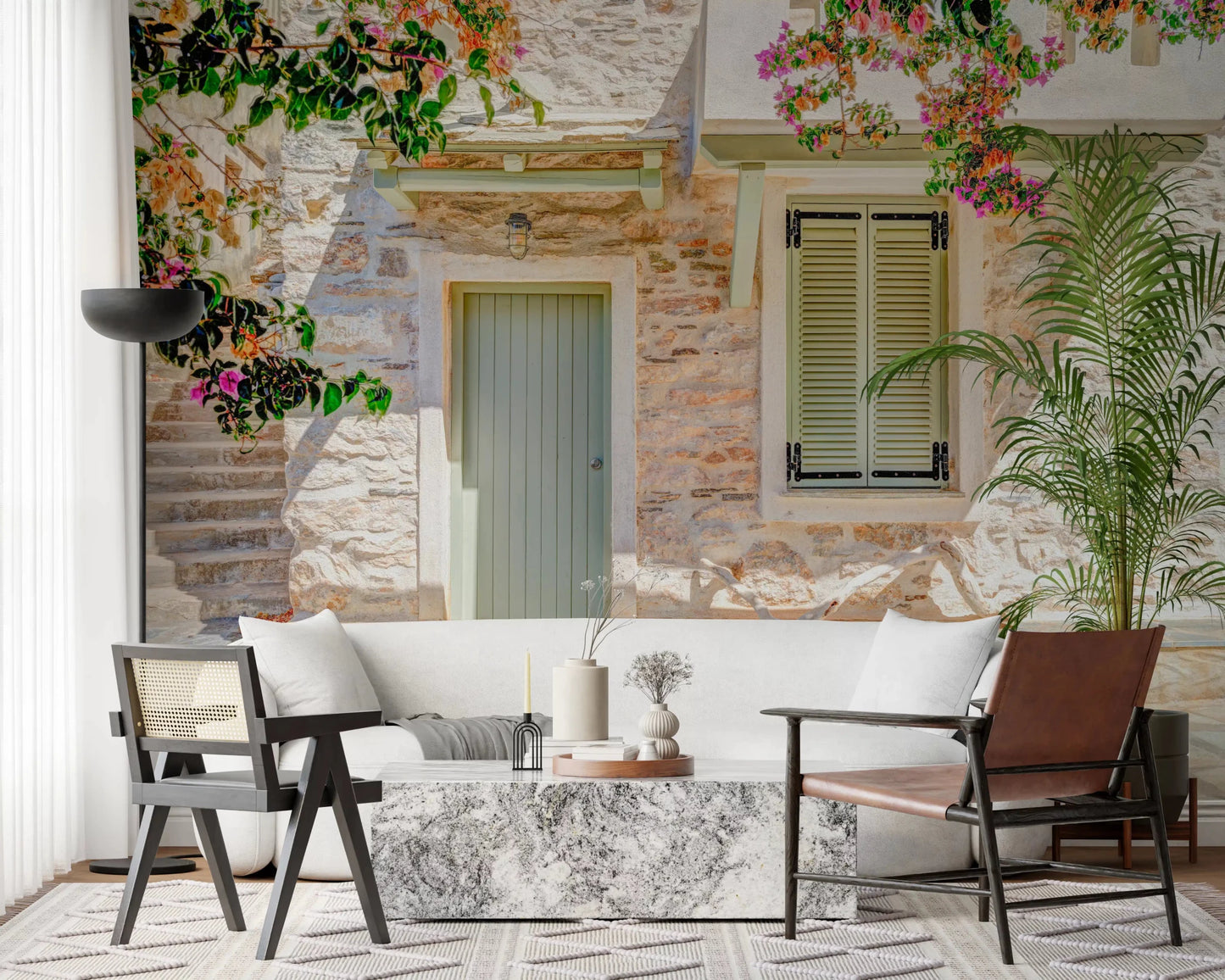 Sage green door and window shutters on a Mediterranean Doorway Charm Wall Mural.