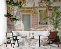 Sage green door and window shutters on a Mediterranean Doorway Charm Wall Mural.