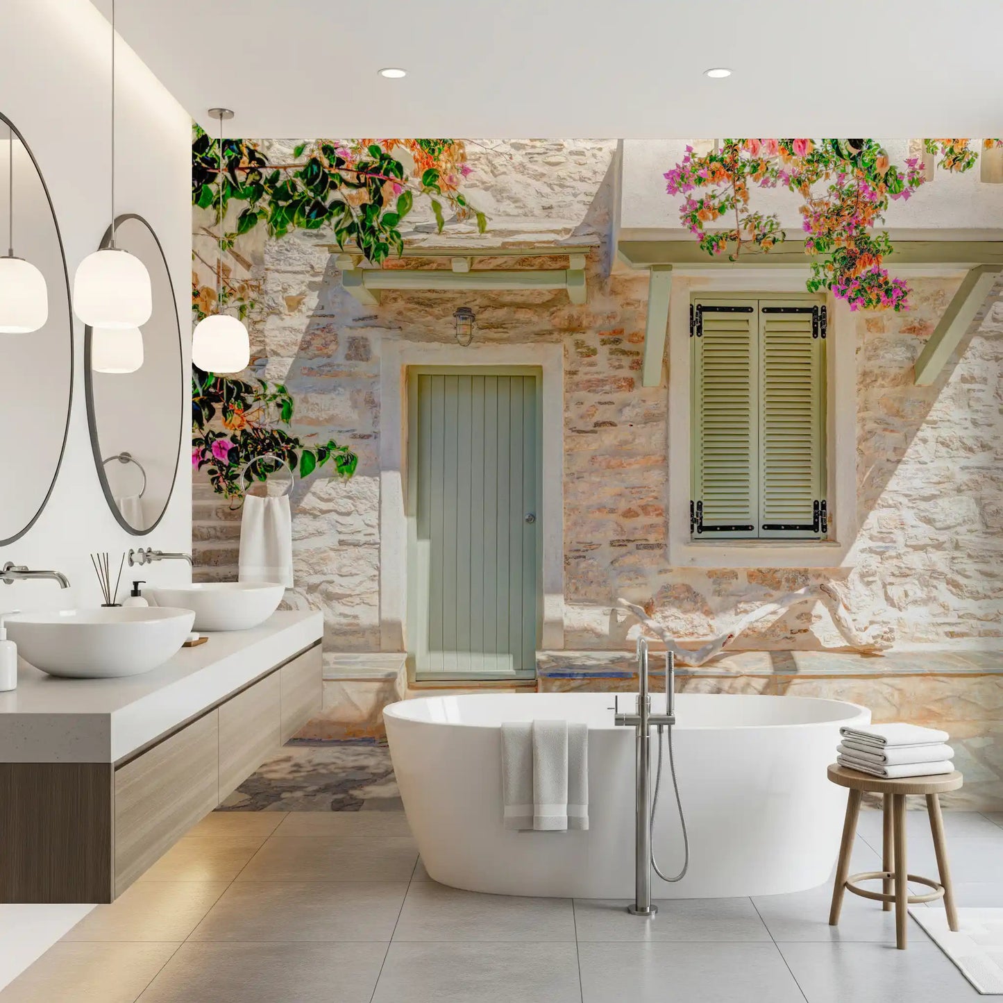 Rustic stone building featuring Mediterranean Doorway Charm Wall Mural design.