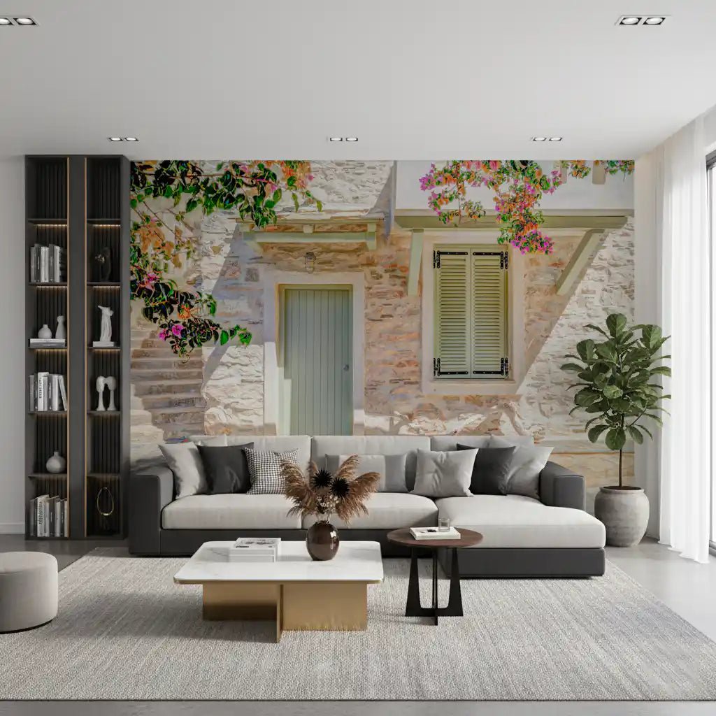 Sunlight hitting the textured stone surface of Mediterranean Doorway Charm Wall Mural.