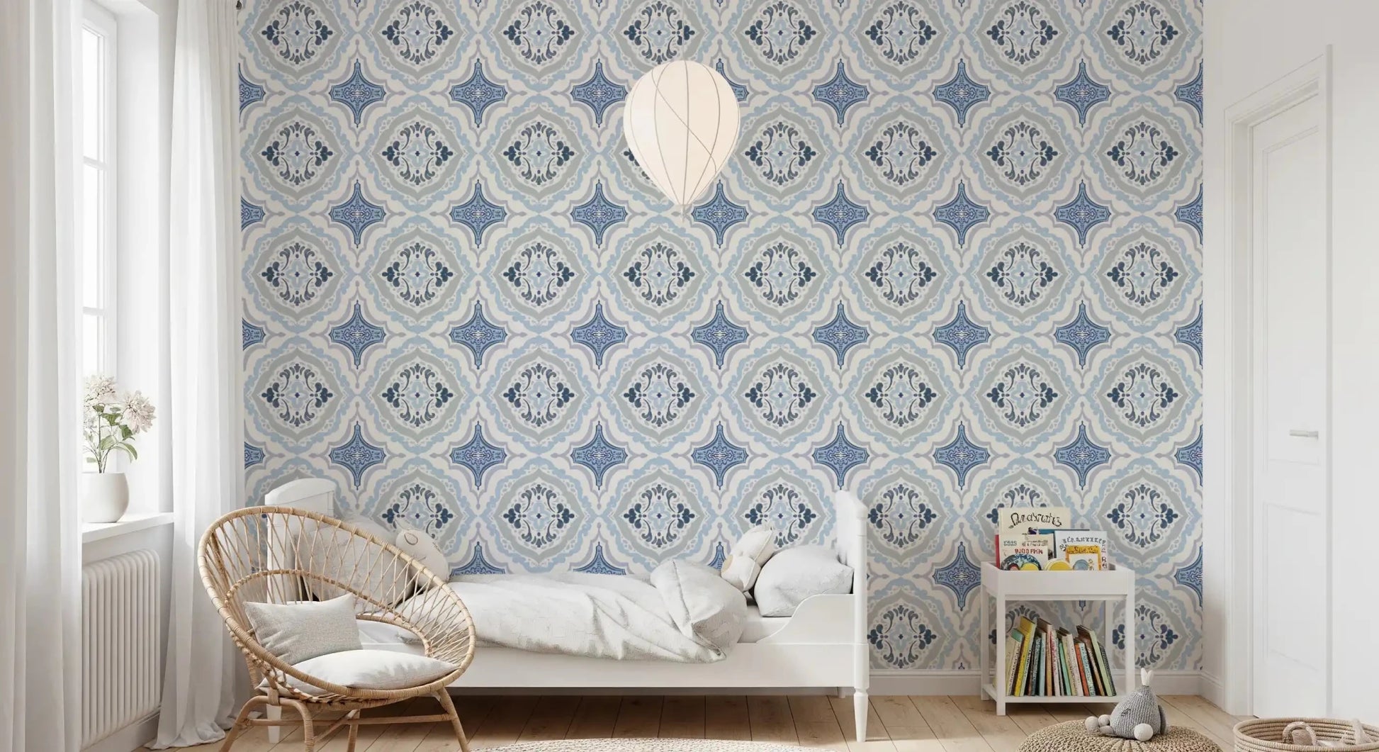 Elegant blue and white indigo fleur tile wallpaper for an office.