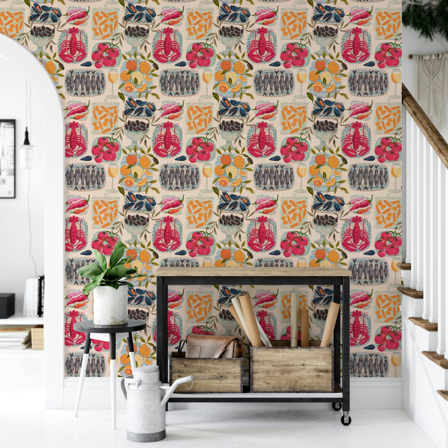 Food-themed wallpaper with herbs, olives, and spices

