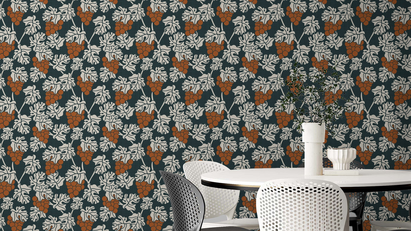 Mediterranean Vineyard Blue Wallpaper with grapevines design.

