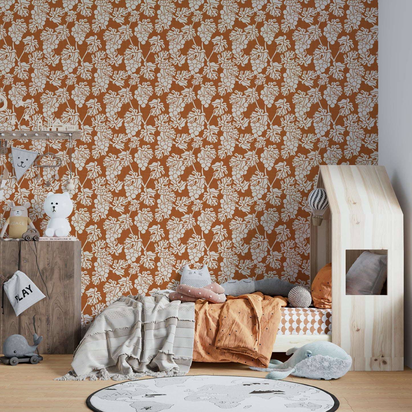 Mediterranean wall mural with terracotta and grapevine details.

