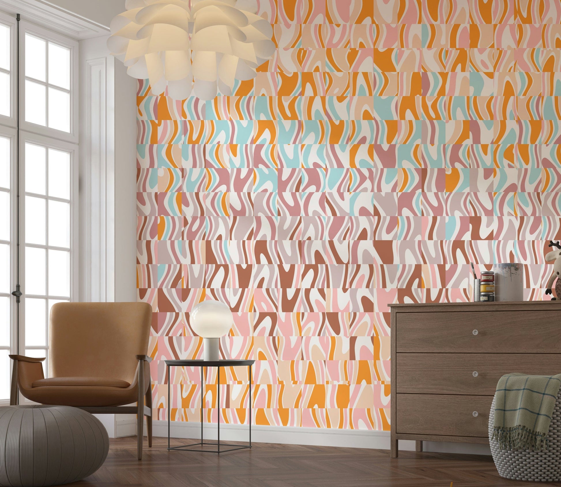 Groovy psychedelic aesthetic Melting Colors wall mural vibrant orange pink.