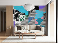 A bold party-inspired wallpaper with overlapping colorful elements and quirky graphic textures.