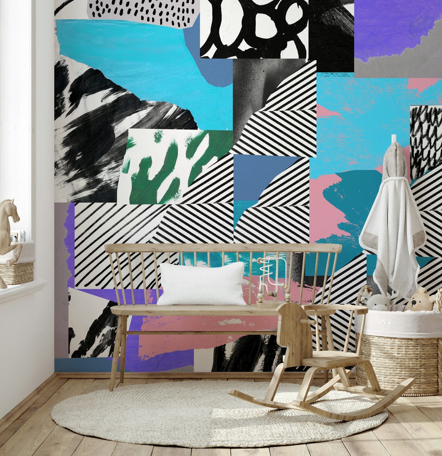 Playful wallpaper with bright graphic elements, vibrant stripes, and energetic abstract shapes.