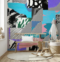 Playful wallpaper with bright graphic elements, vibrant stripes, and energetic abstract shapes.