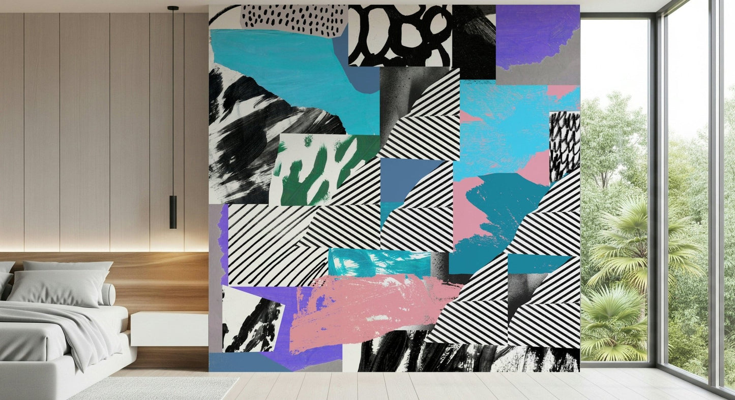 Abstract wallpaper featuring a dynamic mix of shapes, dots, and stripes in vivid festive colors.